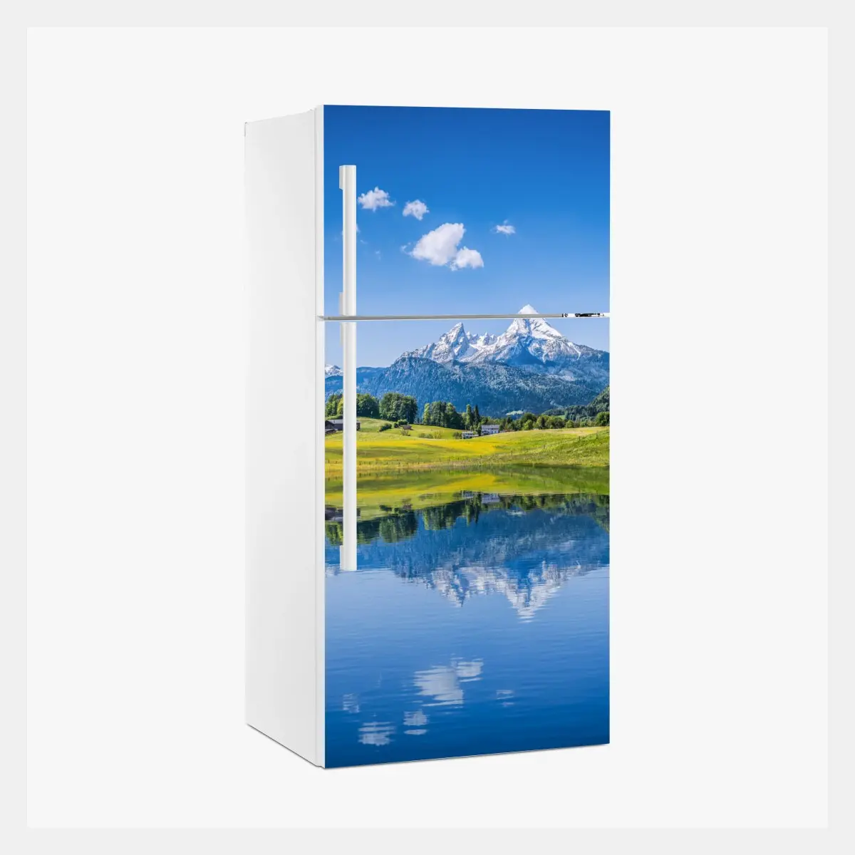Adesivo per frigorifero riflessi delle Alpi sul lago • Wallissimo®