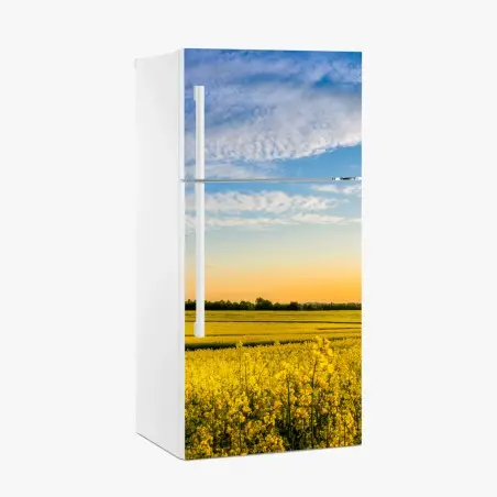 Adesivo per frigorifero tramonto sul campo di colza • Wallissimo®