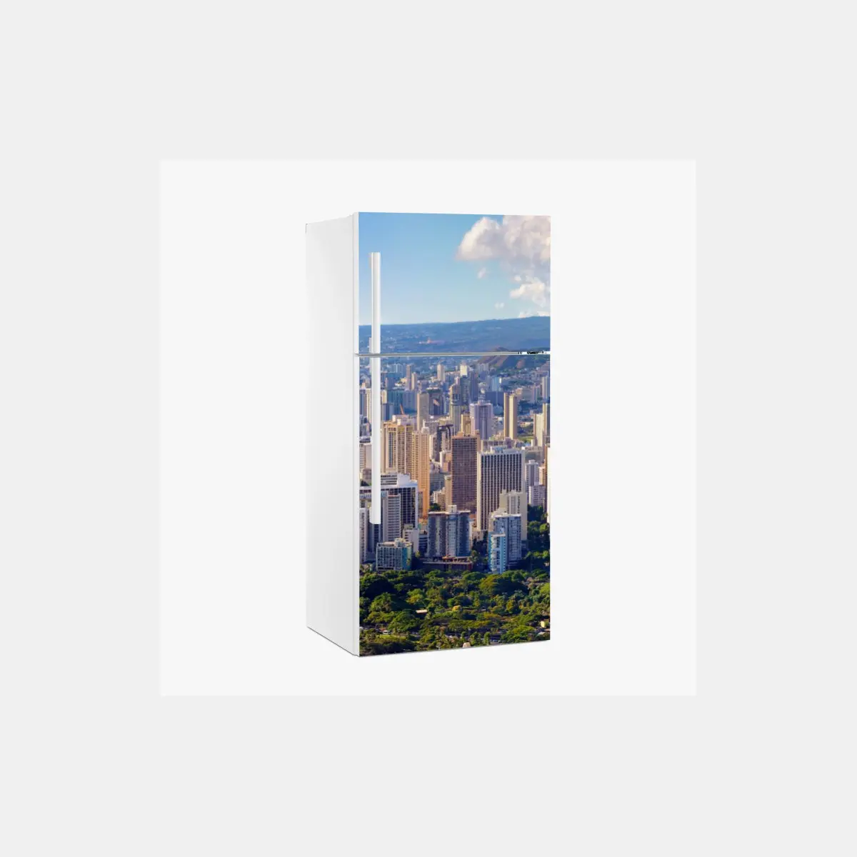 Adesivo per frigorifero vista panoramica di Waikiki: skyline e costa tropicale • Wallissimo®