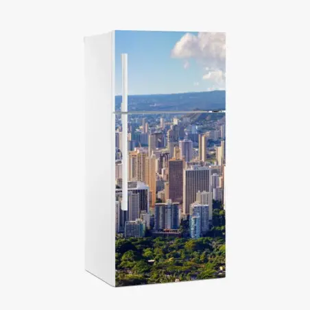 Adesivo per frigorifero vista panoramica di Waikiki: skyline e costa tropicale • Wallissimo®