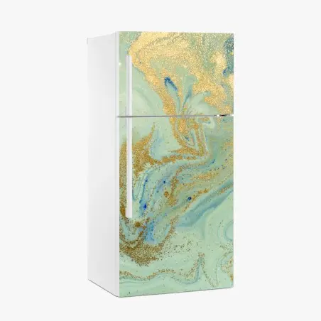 Adesivo per frigorifero design marmorizzato verde acqua con riflessi dorati • Wallissimo®