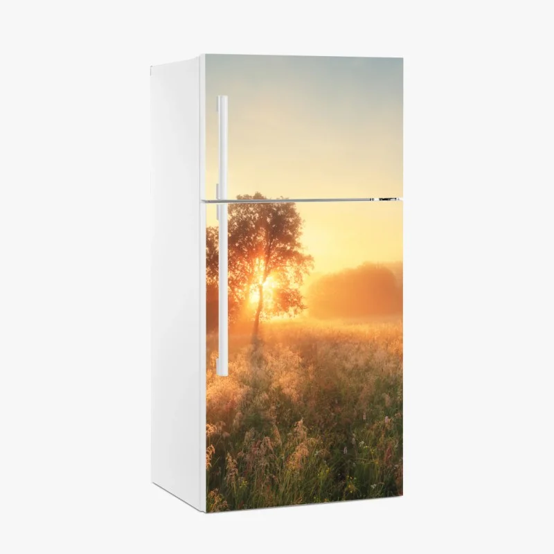 Adesivo per frigorifero alba dorata sul prato