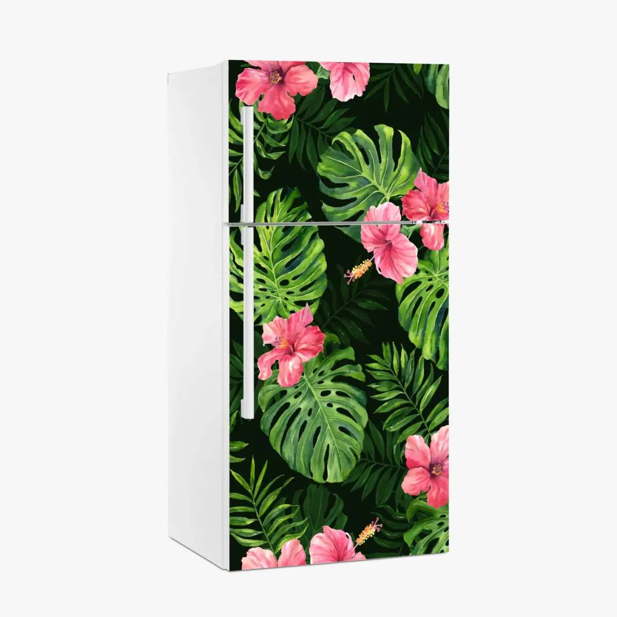 Adesivo per frigorifero motivo tropicale con foglie di monstera e hibiscus rosa • Wallissimo® Adesivo per frigorifero motivo tropicale con foglie di monstera e hibiscus rosa • Wallissimo®