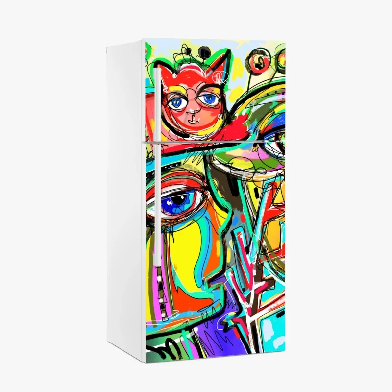 Adesivo per frigorifero ritratto astratto con gatto rosso e uccello