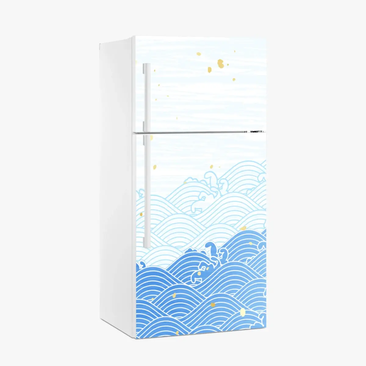 Adesivo per frigorifero motivo di onde stilizzate in blu con dettagli dorati • Wallissimo® Adesivo per frigorifero motivo di onde stilizzate in blu con dettagli dorati • Wallissimo®