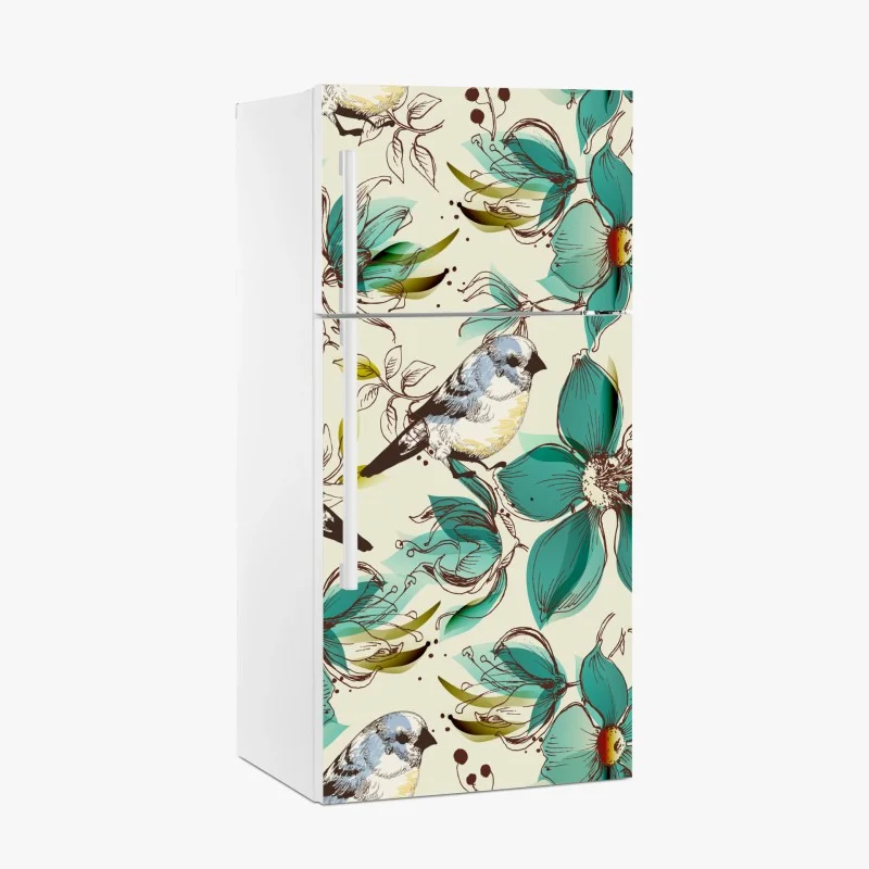 Adesivo per frigorifero motivo retrò di fiori e uccelli turchesi