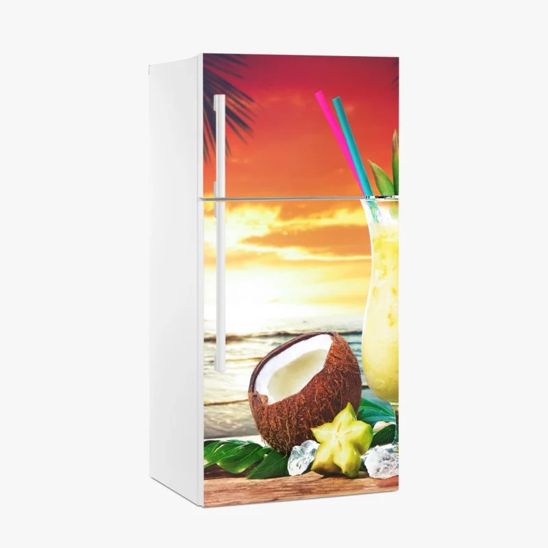 Adesivo per frigorifero tramonto tropicale con pina colada