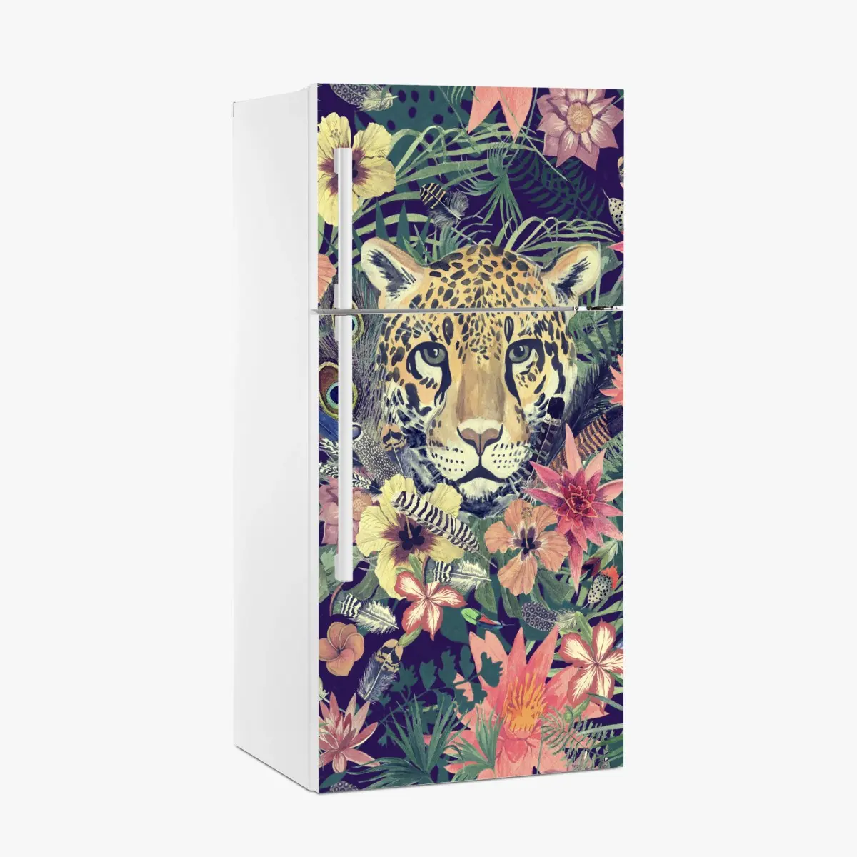 Adesivo per frigorifero ritratto floreale di leopardo in acquerello • Wallissimo®