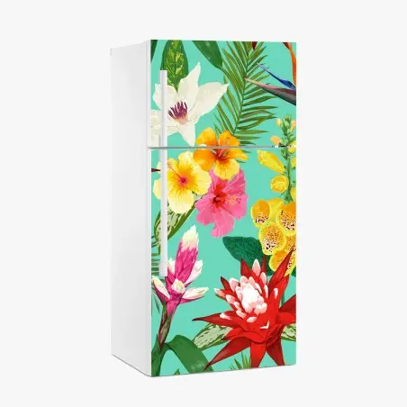 Adesivo per frigorifero paradiso floreale tropicale su sfondo turchese • Wallissimo®