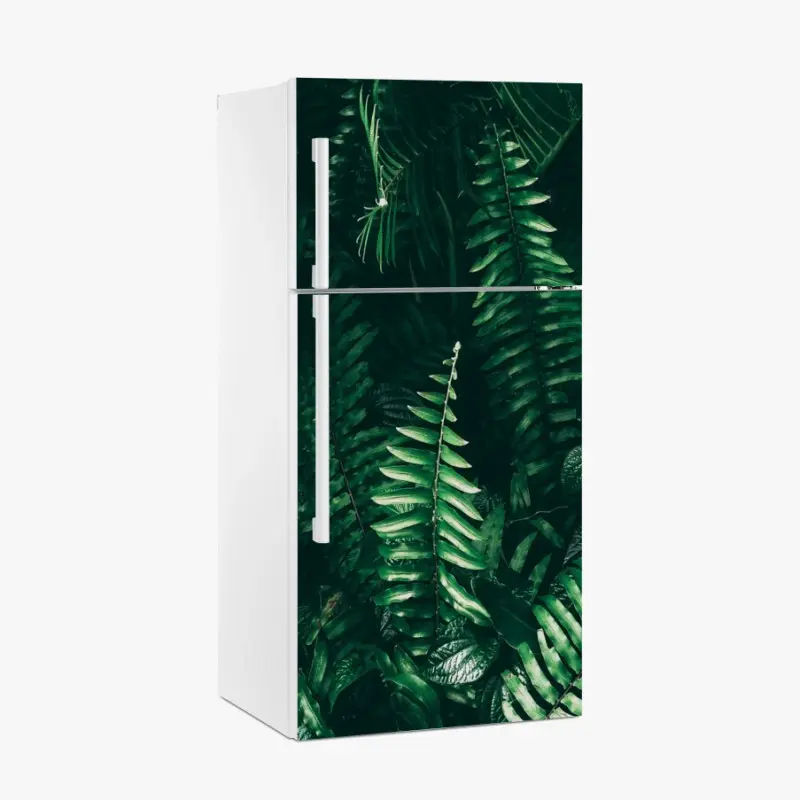 Adesivo per frigorifero verde tropicale: atmosfera di giungla in tonalità scure • Wallissimo®