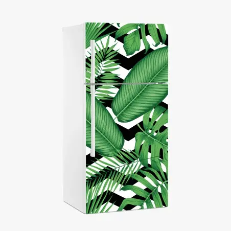 Adesivo per frigorifero grafica tropicale con foglie verdi su motivo zigzag • Wallissimo®