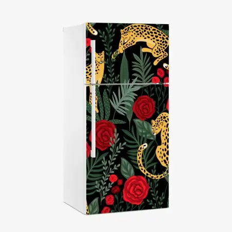Adesivo per frigorifero eleganza felina tra rose rosse • Wallissimo®