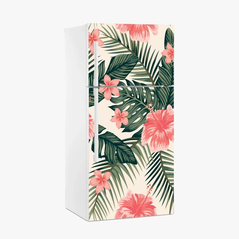 Adesivo per frigorifero motivo tropicale con ibischi rosa