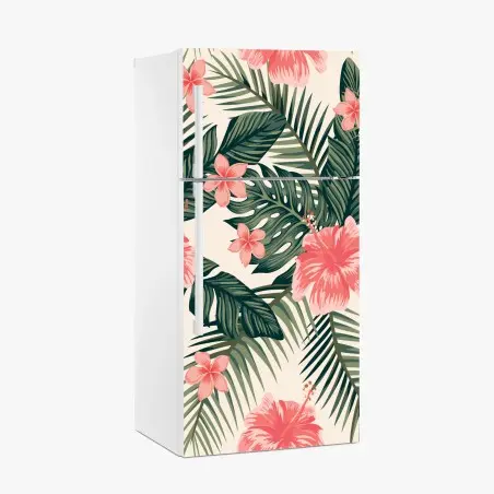 Adesivo per frigorifero motivo tropicale con ibischi rosa • Wallissimo®