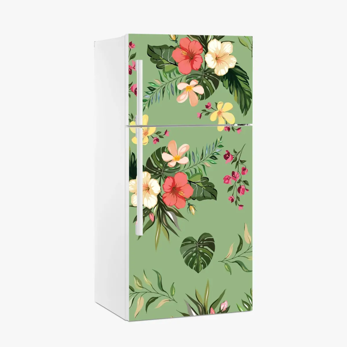 Adesivo per frigorifero motivo tropicale floreale su sfondo verde • Wallissimo®