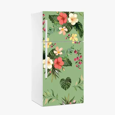 Adesivo per frigorifero motivo tropicale floreale su sfondo verde • Wallissimo®