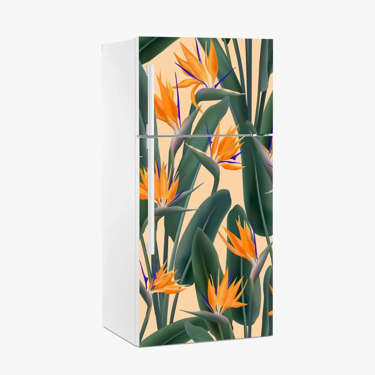Adesivo per frigorifero tropicale elegante con uccelli del paradiso • Wallissimo®