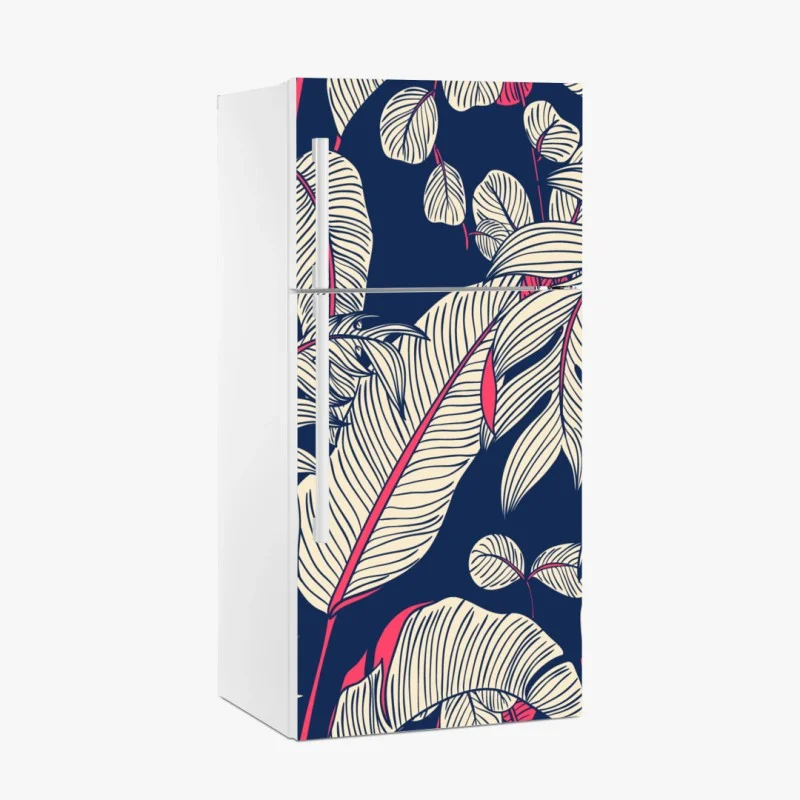 Adesivo per frigorifero motivo botanico tropicale blu scuro e rosa