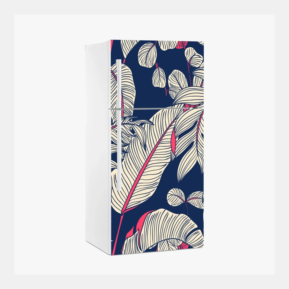 Adesivo per frigorifero motivo botanico tropicale blu scuro e rosa • Wallissimo® Adesivo per frigorifero motivo botanico tropicale blu scuro e rosa • Wallissimo®