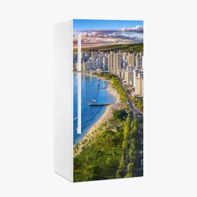 Adesivo per frigorifero vista aerea di Waikiki al tramonto