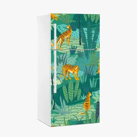 Adesivo per frigorifero tigri nella giungla tropicale • Wallissimo®