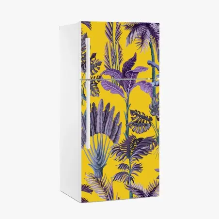 Adesivo per frigorifero giungla tropicale viola su sfondo giallo • Wallissimo®