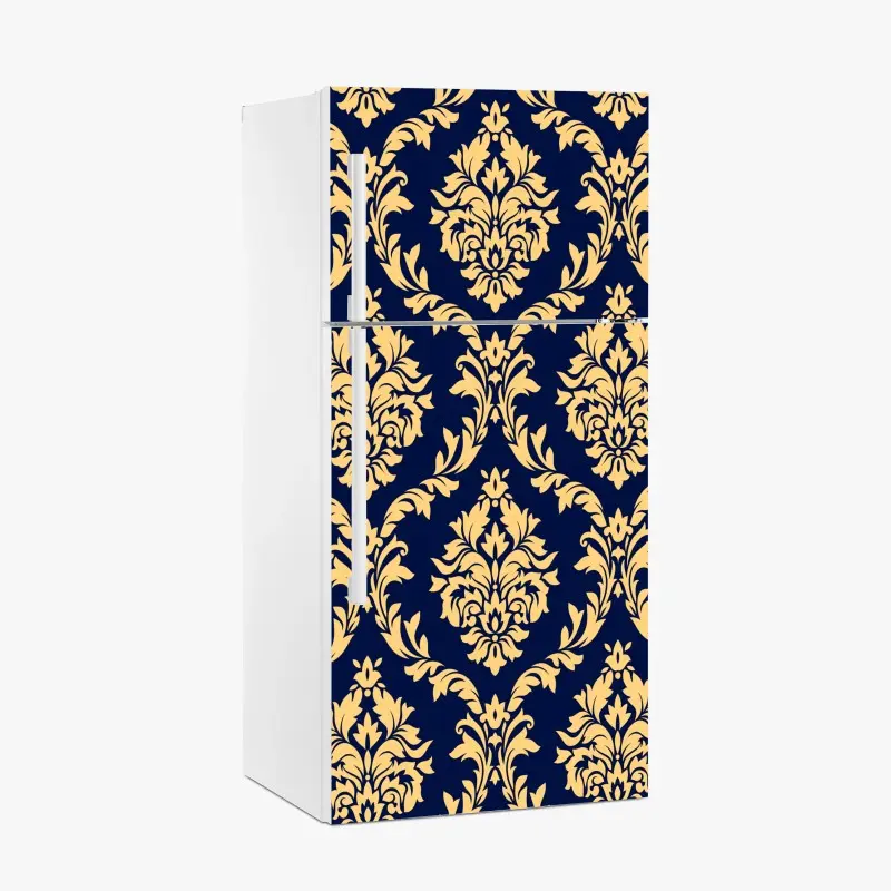Adesivo per frigorifero motivo damasco oro su sfondo blu navy • Wallissimo®