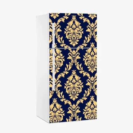 Adesivo per frigorifero motivo damasco oro su sfondo blu navy • Wallissimo®
