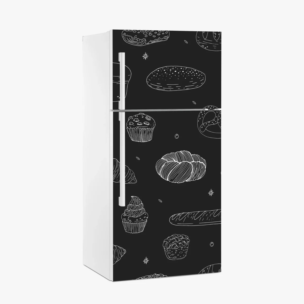 Adesivo per frigorifero motivo pasticceria in stile schizzo su sfondo scuro • Wallissimo® Adesivo per frigorifero motivo pasticceria in stile schizzo su sfondo scuro • Wallissimo®