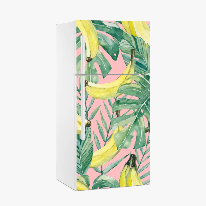 Adesivo per frigorifero motivo tropicale banane e foglie acquerello su sfondo rosa