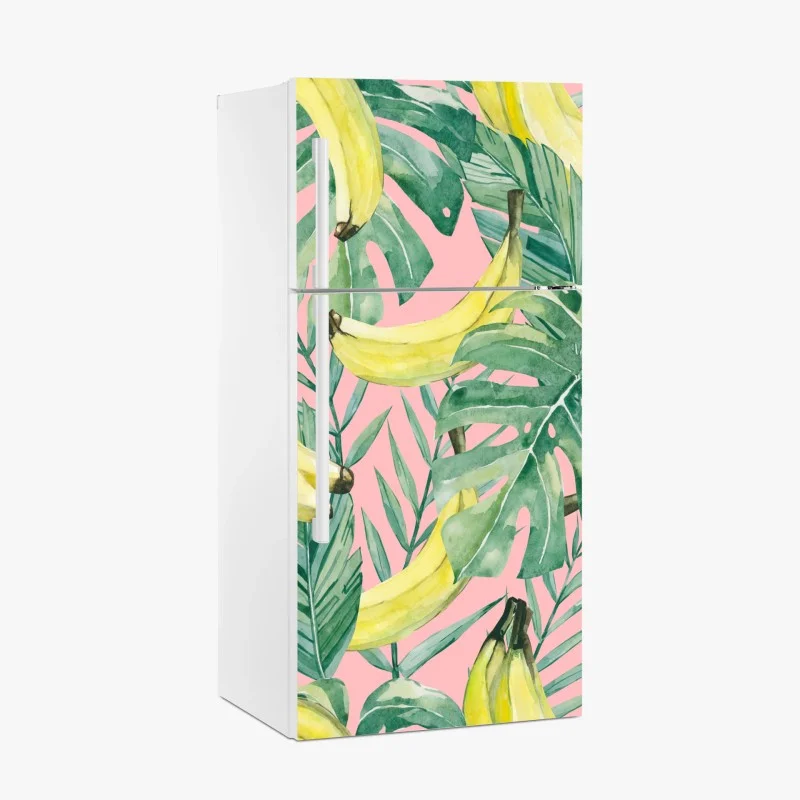 Adesivo per frigorifero motivo tropicale banane e foglie acquerello su sfondo rosa