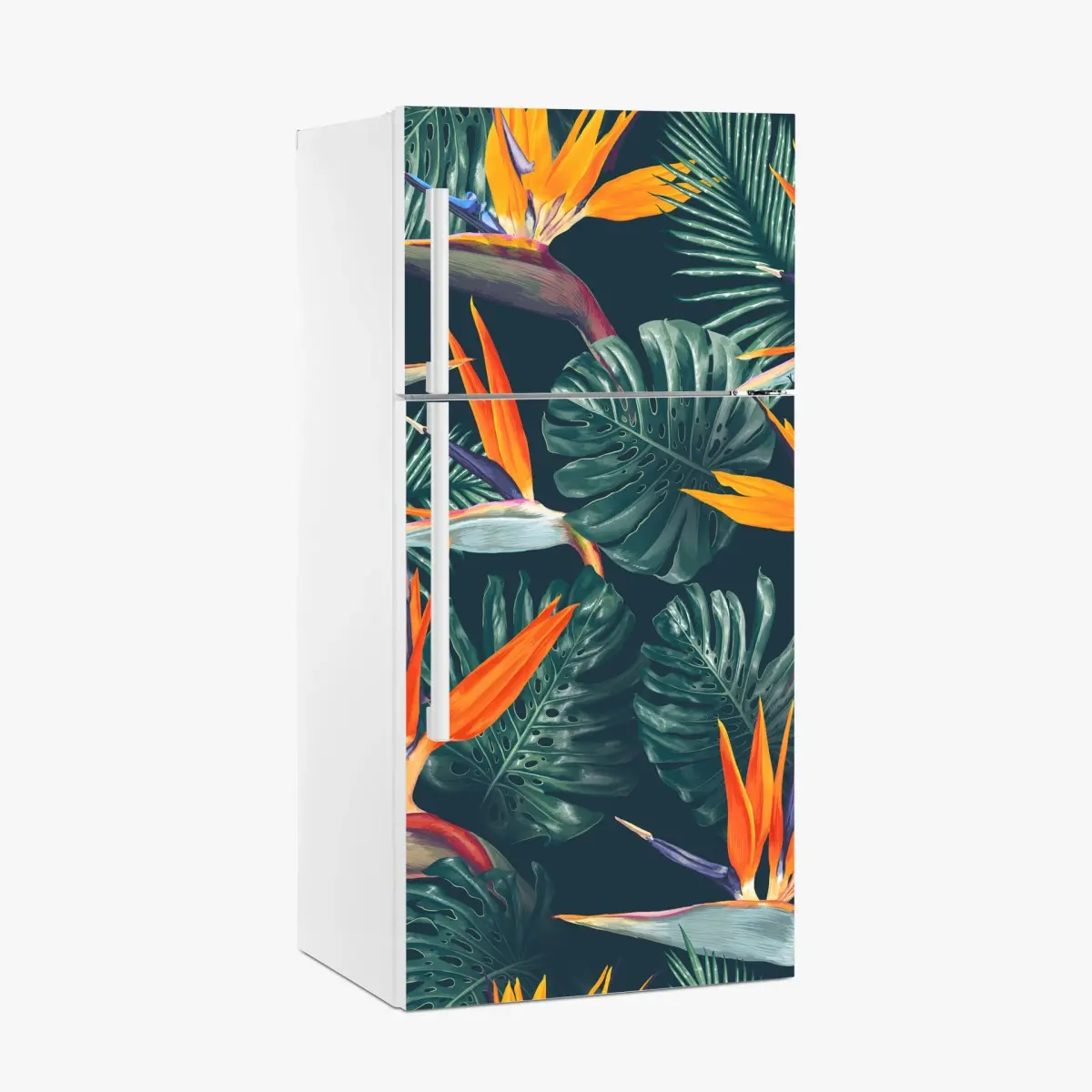 Adesivo per frigorifero tropicale fiori di paradiso e foglie monstera • Wallissimo®