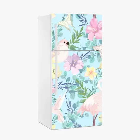 Adesivo per frigorifero sogno tropicale in toni pastello con fenicotteri • Wallissimo®