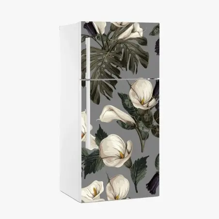 Adesivo per frigorifero motivo botanico elegante con calle e foglie di monstera • Wallissimo®