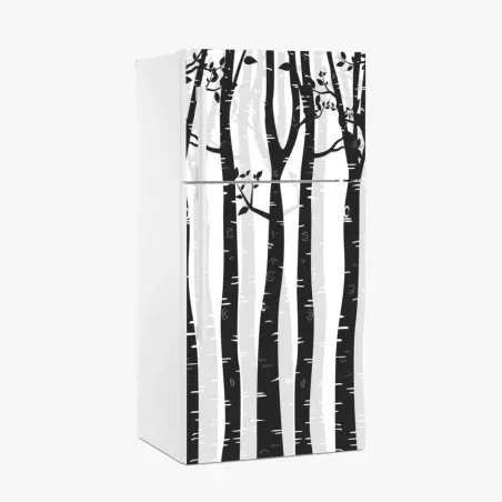 Adesivo per frigorifero foresta di betulle in bianco e nero • Wallissimo®