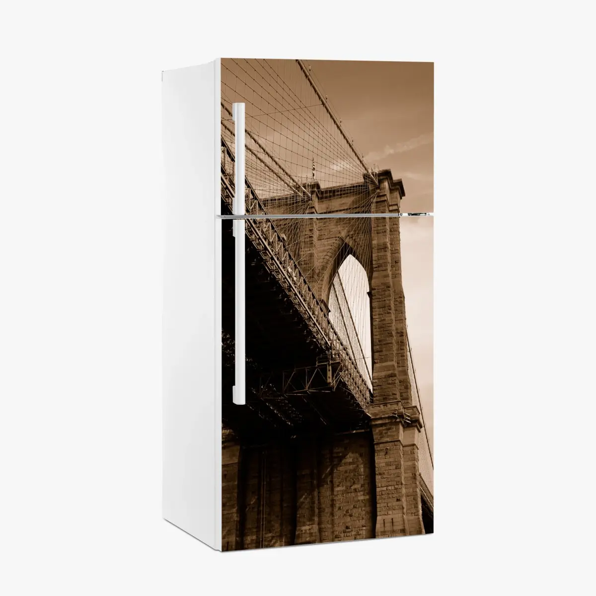 Adesivo per frigorifero prospettiva seppia del ponte di Brooklyn • Wallissimo®
