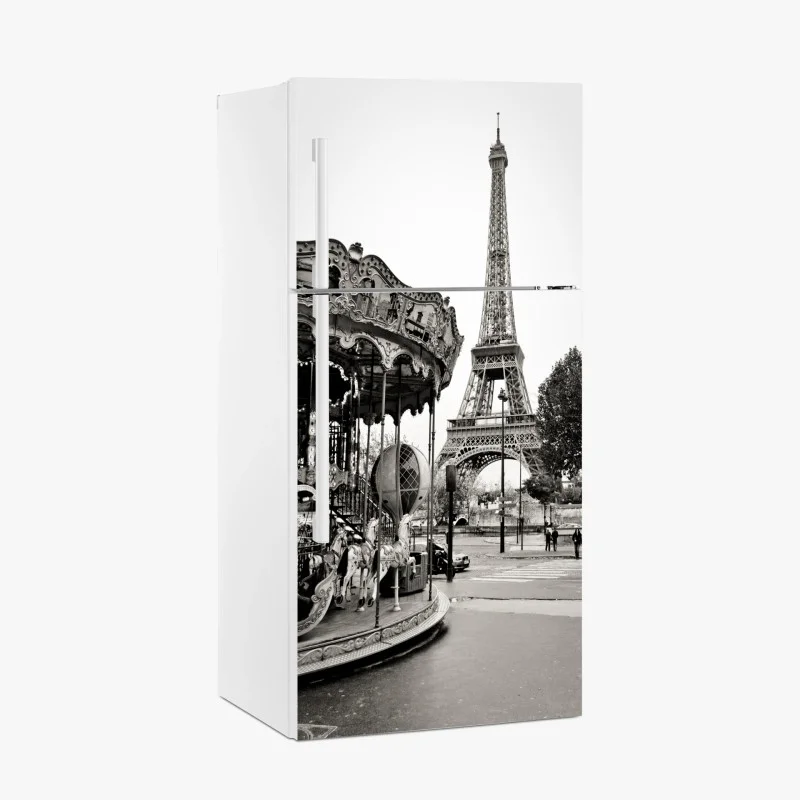 Adesivo per frigorifero magica vista di Parigi con la Torre Eiffel e giostra d'epoca