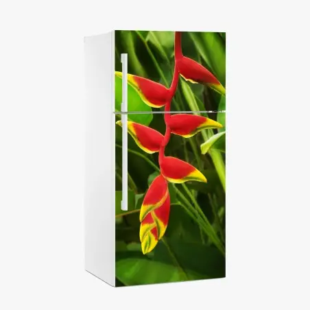 Adesivo per frigorifero eleganza esotica di fiori tropicali su fogliame verde • Wallissimo®