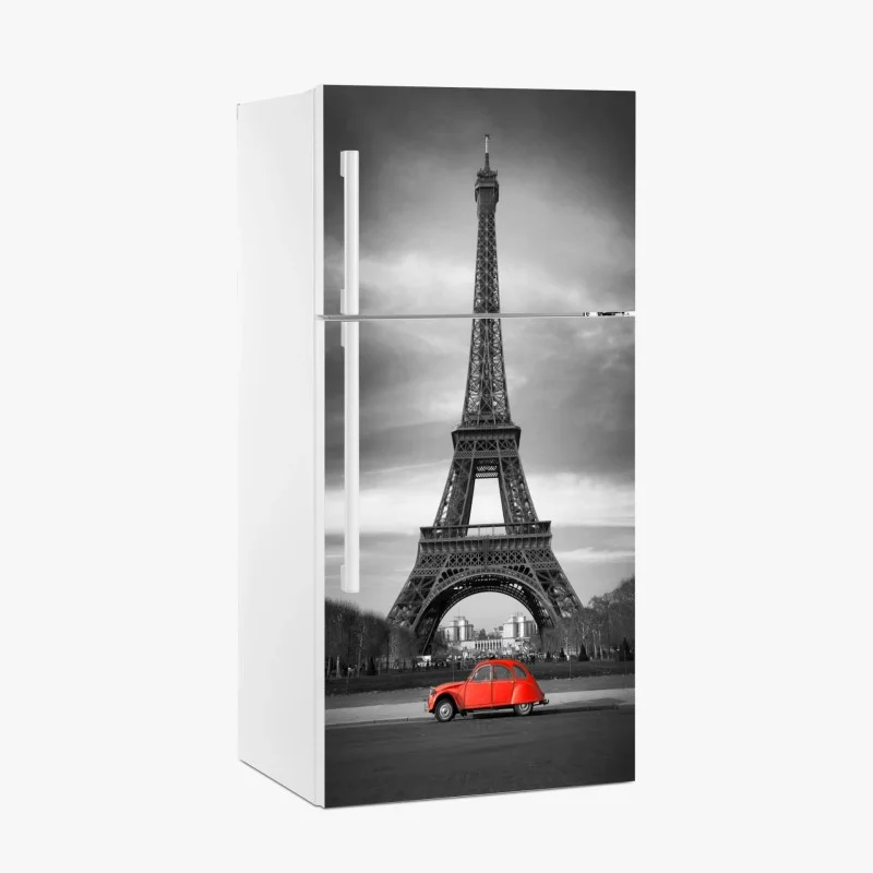 Adesivo per frigorifero paesaggio urbano monocromatico a Parigi con auto rossa e Torre Eiffel