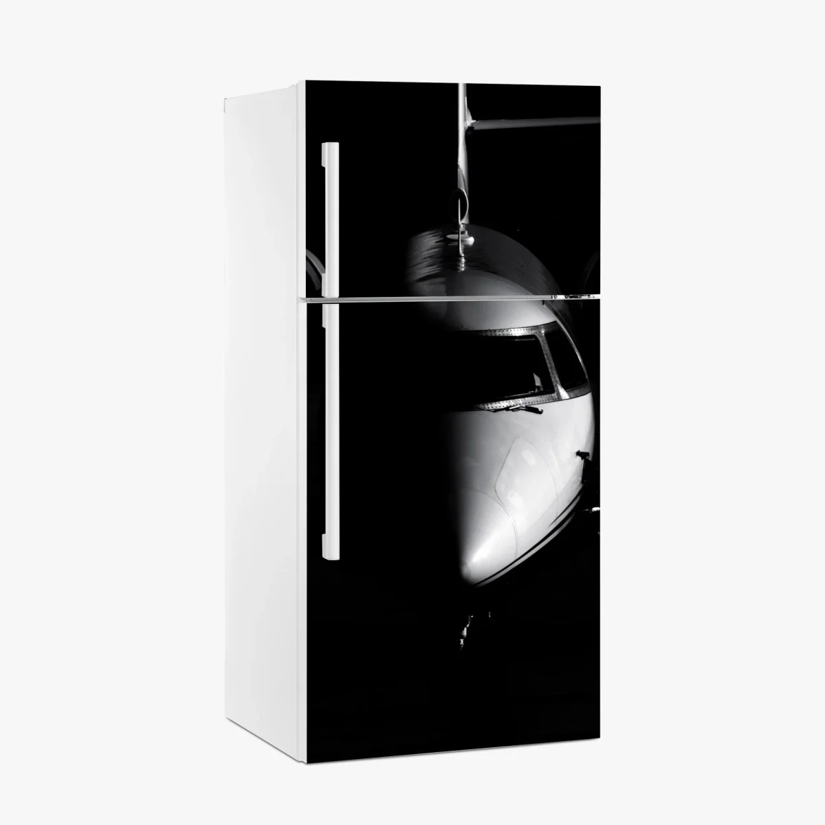 Adesivo per frigorifero profilo frontale di un aereo in bianco e nero • Wallissimo® Adesivo per frigorifero profilo frontale di un aereo in bianco e nero • Wallissimo®