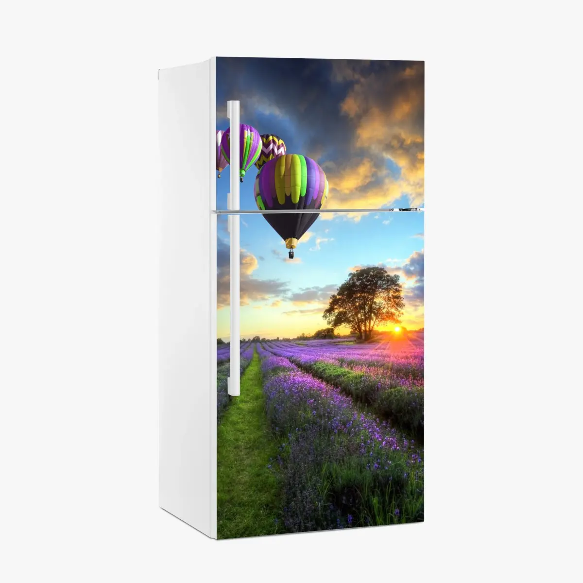 Adesivo per frigorifero tramonto di lavanda e mongolfiere sulla campagna • Wallissimo®