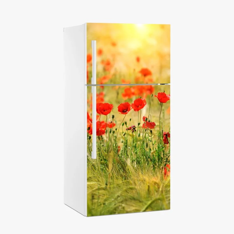 Adesivo per frigorifero papaveri al tramonto in campo dorato
