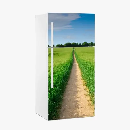 Adesivo per frigorifero sentiero che conduce all'orizzonte nella campagna verde • Wallissimo®