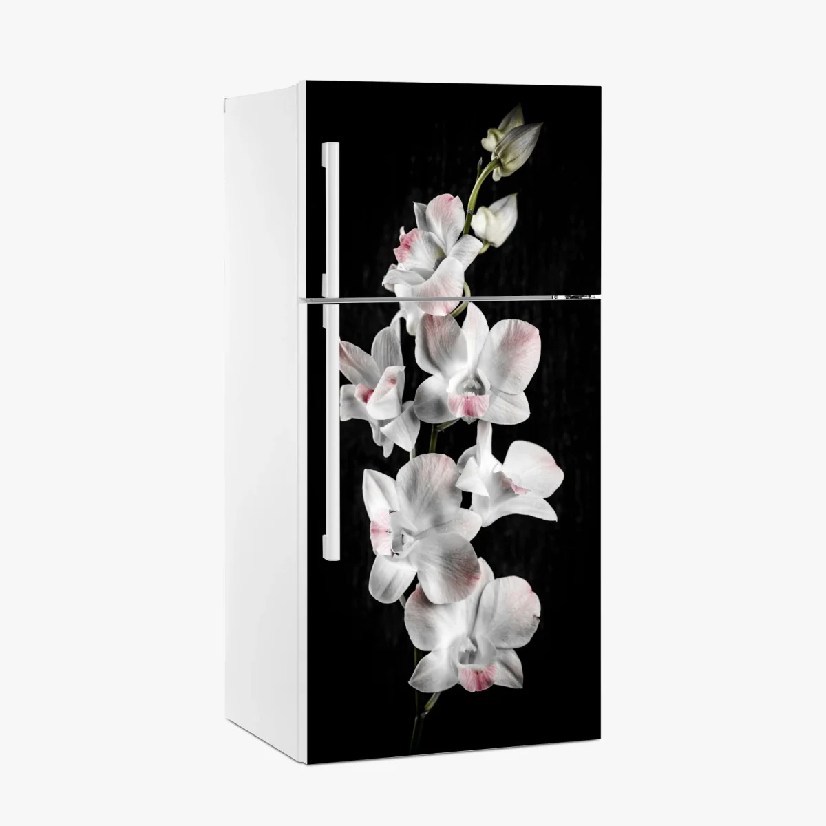 Adesivo per frigorifero orchidea bianca con sfumature rosa su sfondo nero • Wallissimo® Adesivo per frigorifero orchidea bianca con sfumature rosa su sfondo nero • Wallissimo®