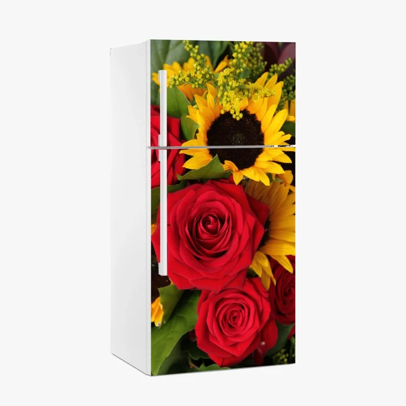 Adesivo per frigorifero fiori vivaci: rose rosse e girasoli • Wallissimo®