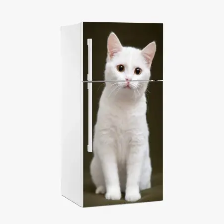 Adesivo per frigorifero ritratto tenero di gatto bianco su sfondo neutro • Wallissimo®