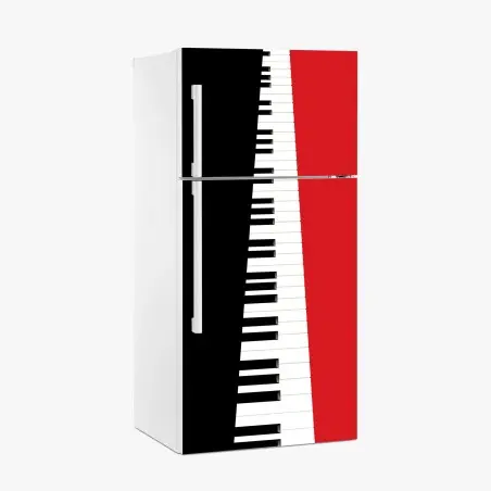 Adesivo per frigorifero tastiera di pianoforte minimalista su sfondo rosso e nero • Wallissimo®