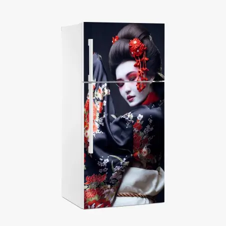 Adesivo per frigorifero eleganza di una geisha in kimono floreale • Wallissimo®