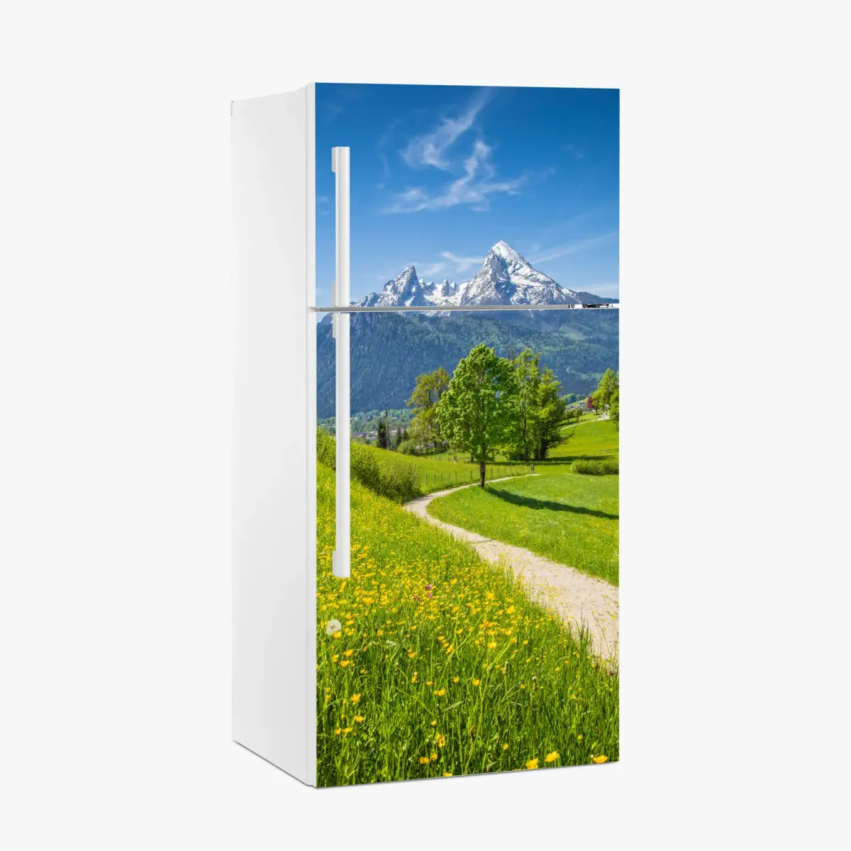 Adesivo per frigorifero panorama alpino primaverile con sentiero fiorito • Wallissimo®
