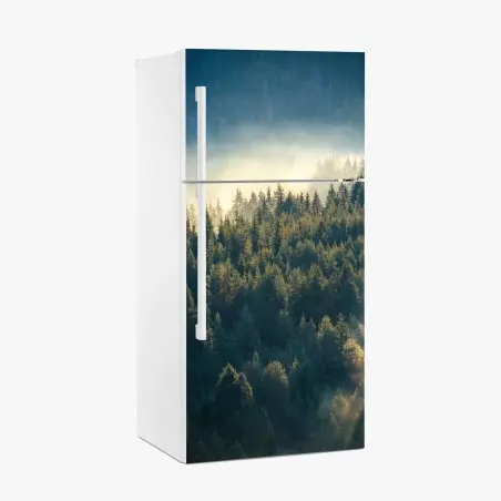 Adesivo per frigorifero foresta di pini nella nebbia dorata • Wallissimo®